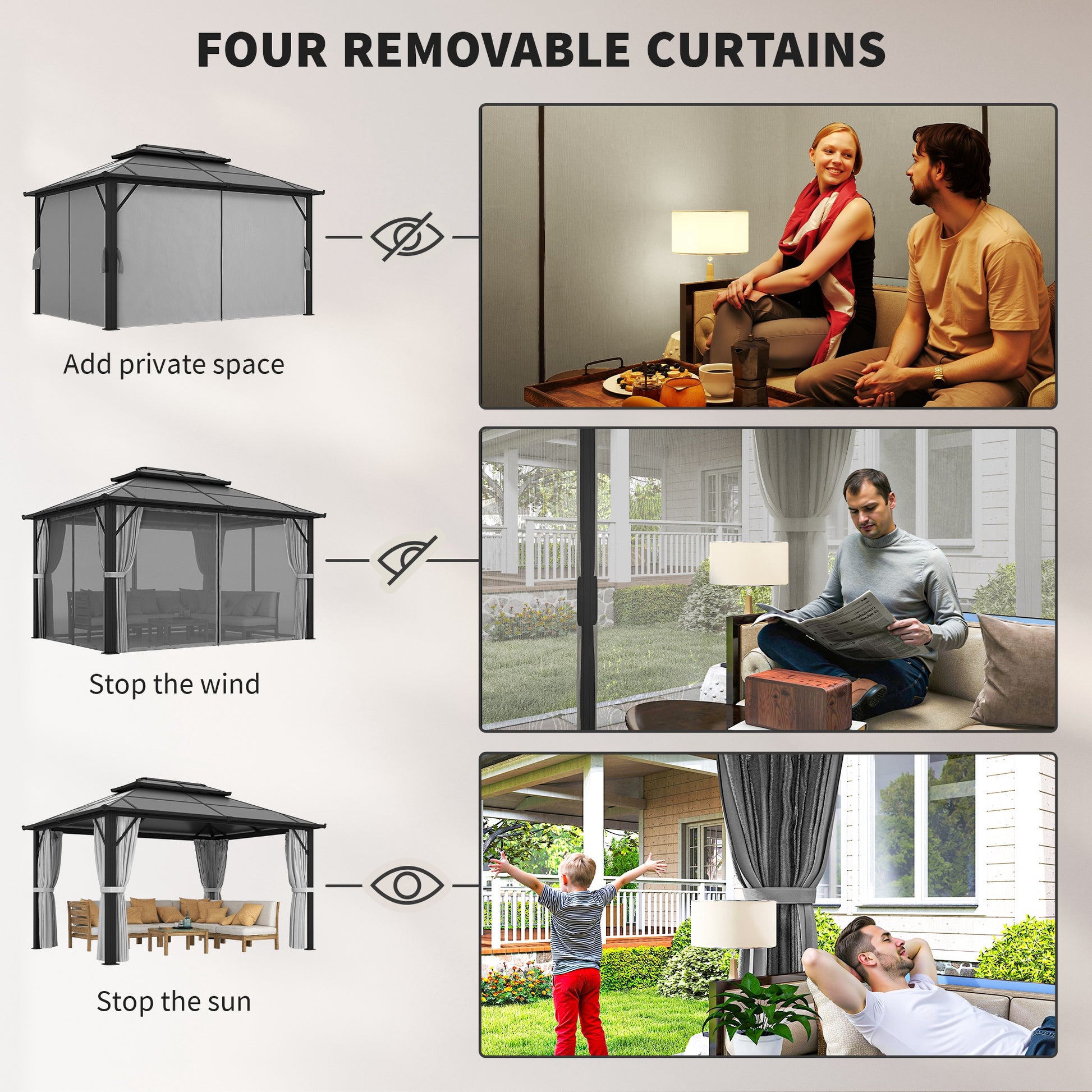 Outsunny 3 x 4m Hardtop Gazebo Canopy with UPF30+ Double Polycarbonate Roof, Aluminium Frame Garden Gazebo Permanent Pavilion with Mosquito Netting and Curtains for Patio, Deck, Grey