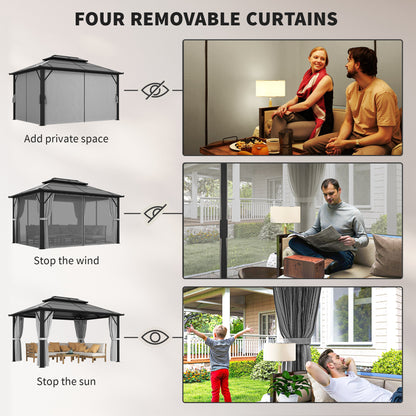 Outsunny 3 x 4m Hardtop Gazebo Canopy with UPF30+ Double Polycarbonate Roof, Aluminium Frame Garden Gazebo Permanent Pavilion with Mosquito Netting and Curtains for Patio, Deck, Grey