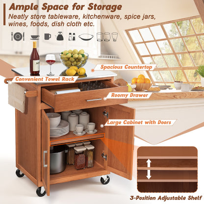 Kitchen Cart with Stainless Steel Countertop and 3-Position Adjustable Shelf