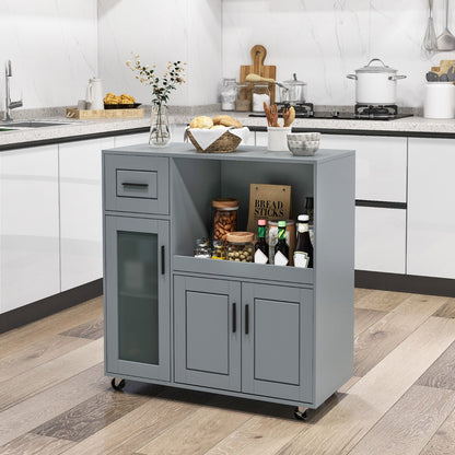 Rolling Kitchen Island with Drawer and Glass Door Cabinet-Grey