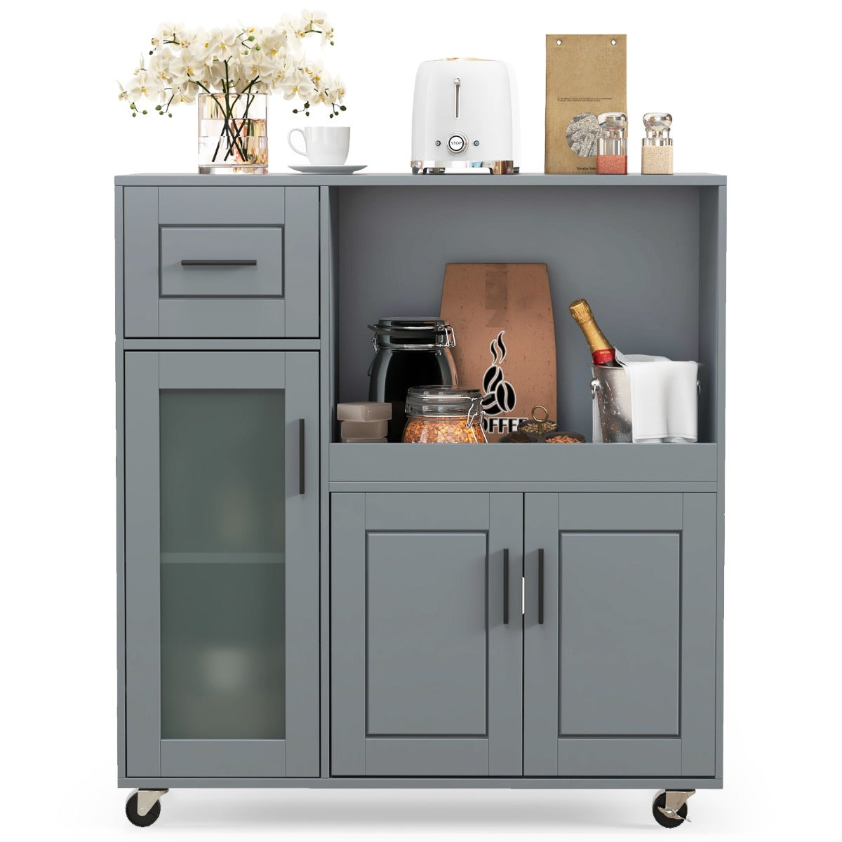 Rolling Kitchen Island with Drawer and Glass Door Cabinet-Grey