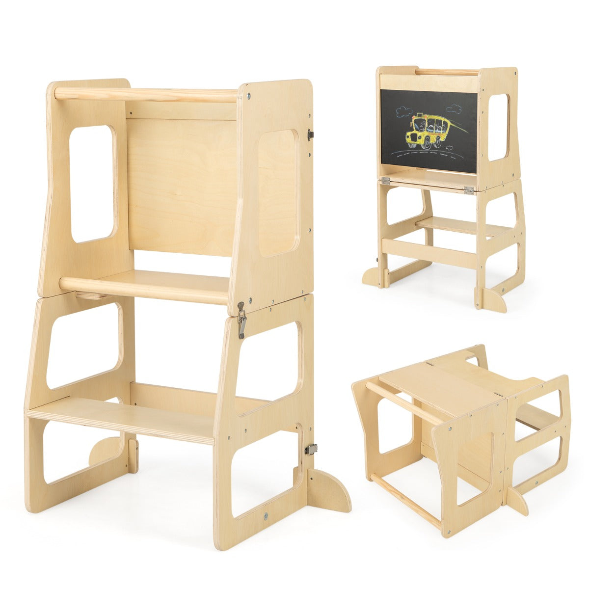 3-in-1 Foldable Kitchen Standing Tower for Toddlers with Chalkboard, Weaning Table-Natural