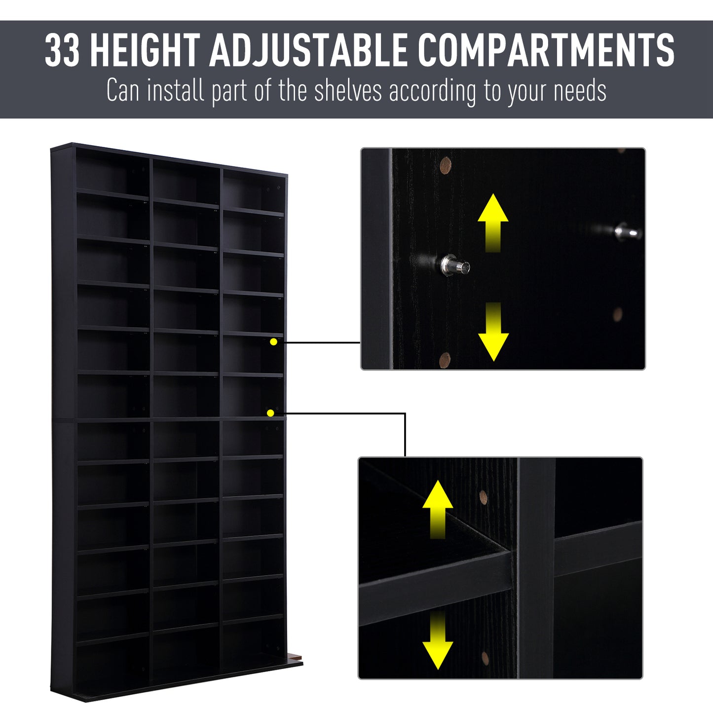 HOMCOM CD / DVD Storage Shelf Storage Unit for 1116 CDs Height-Adjustable Compartments 102 x 24 x 195 cm Black