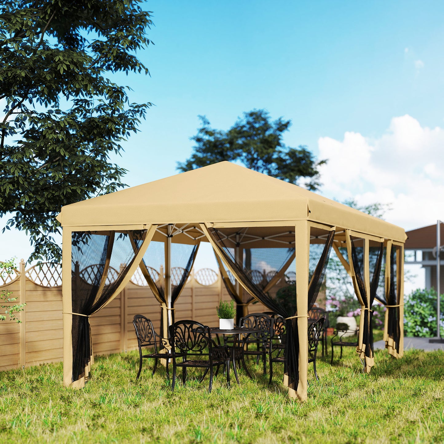 Outsunny 3 x 6m Pop Up Gazebo, Outdoor Canopy Shelter, Marquee Party Wedding Tent with 6 Mesh Walls and Carry Bag, Beige