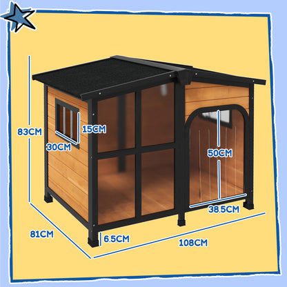 PawHut Wooden Dog Kennel with Removable Floor, Asphalt and Openable Roof, Large Window, for Large Dogs, Yellow