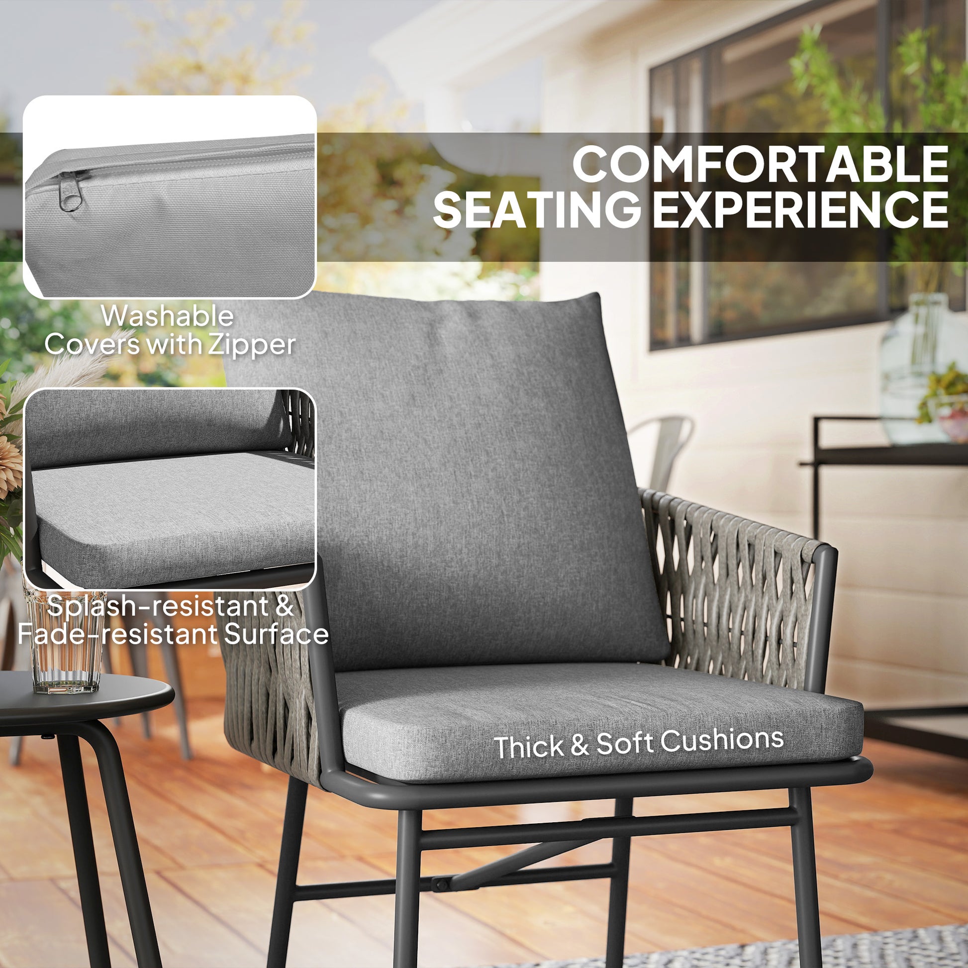 Outsunny 3-Piece Rattan Bistro Set, Garden Table and Chairs with 4 Cushions, Patio Rattan Conversation Furniture Set for Balcony, Porch, Terrace, Grey