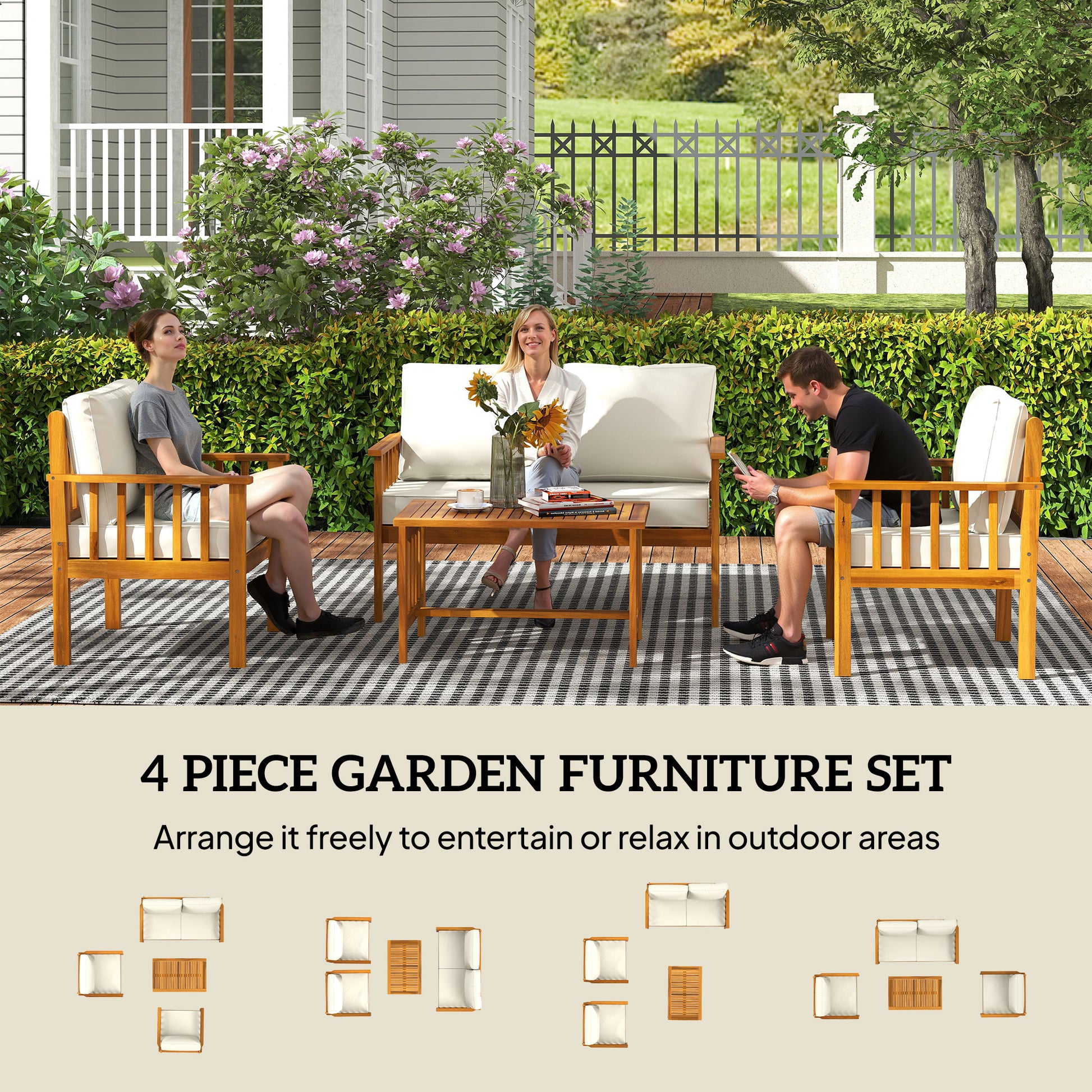 Outsunny Four-Piece Acacia Wood Garden Sofa Set - Teak/Cream