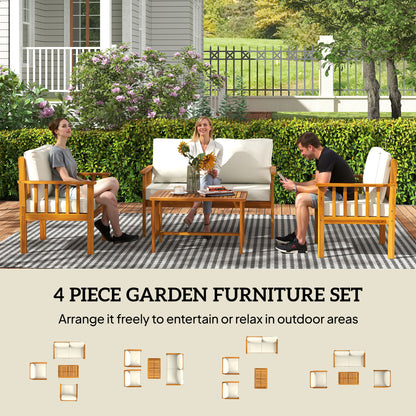 Outsunny Four-Piece Acacia Wood Garden Sofa Set - Teak/Cream