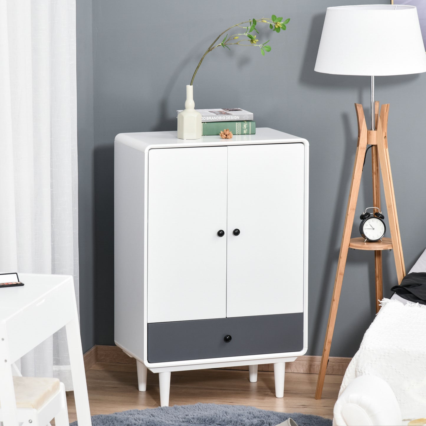 HOMCOM Modern Cabinet, Bedside Table, Storage Organizer, with Doors and Drawer for Bedroom & Living Room