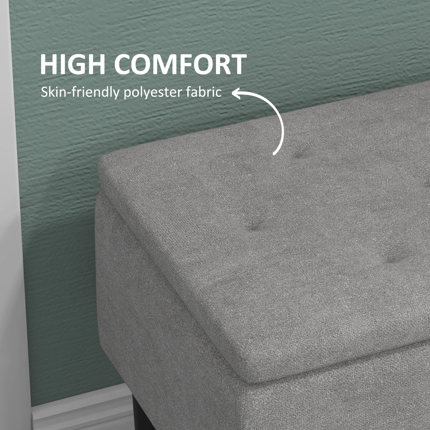 HOMCOM 15" Modern Ottoman Storage Box with Wooden Legs, 47L Storage Ottoman Holds up to 120KG, for Living Room, Bedroom, Grey