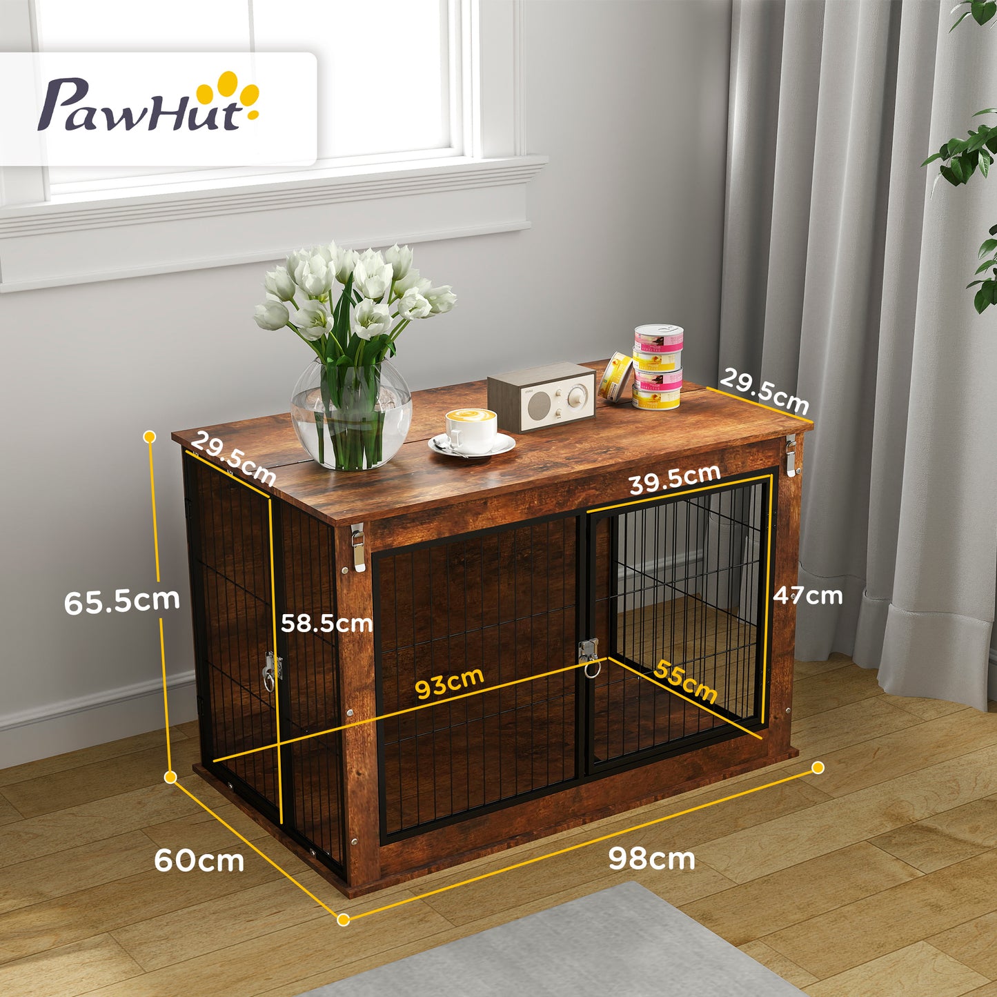 PawHut Dog Crate Furniture with Openable Top, Two Doors, for Large Dogs, Rustic Brown