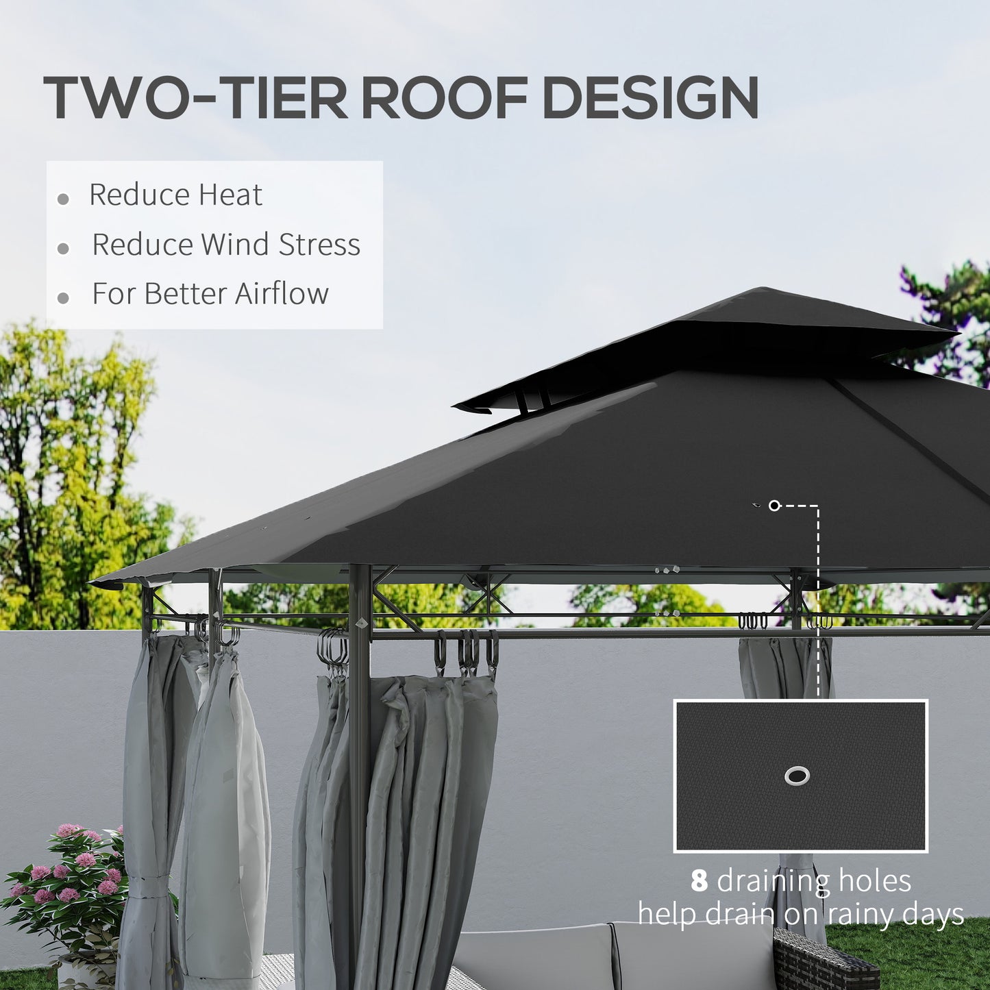 Outsunny 3 x 4m Metal Frame, Two-Tier Roof Gazebo - Dark Grey