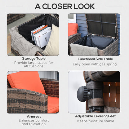 Outsunny 6 Pieces Rattan Garden Furniture Set, 7 Seater Wicker Outdoor Furniture Set with Storage Tea Table & Side Table, Sectional Garden Sofa Set with Cushions, Orange