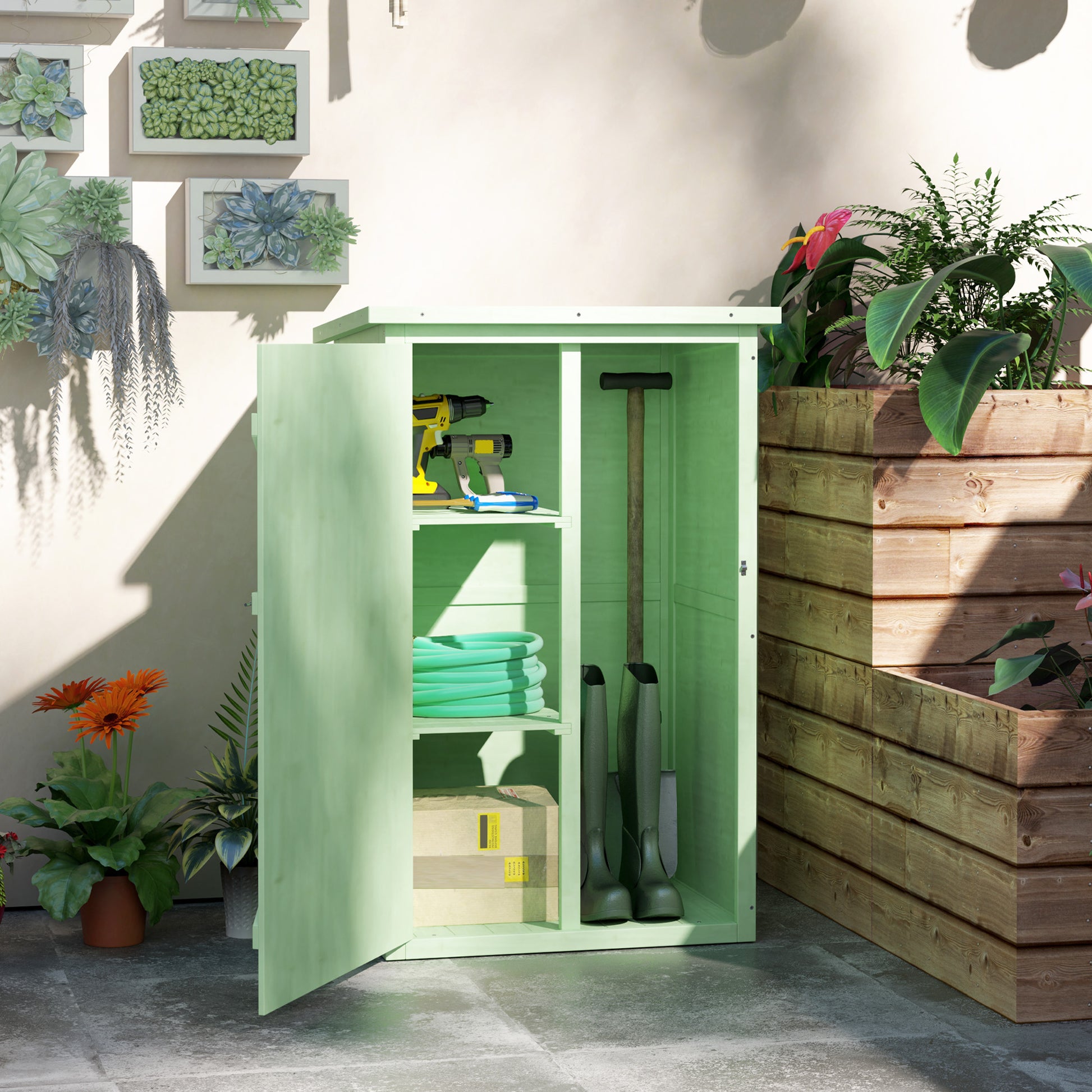 Outsunny Wooden Small Shed, Garden Storage Shed with Shelves and Bolt Latch, 75L x 56W x115H cm, Green