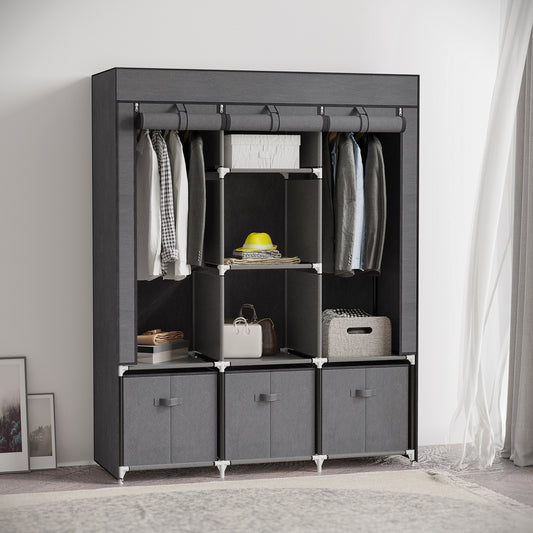 HOMCOM Fabric Wardrobe, Portable Wardrobe with 5 Shelves, 2 Hanging Rails and 3 Fabric Drawers, Foldable Closets, 125 x 43 x 162.5cm, Dark Grey