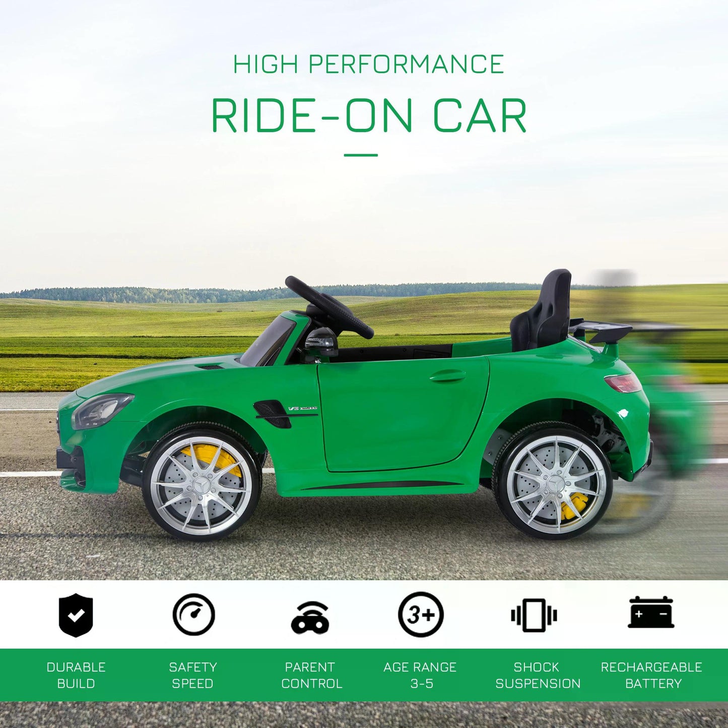 HOMCOM Compatible 12V Battery-powered 2 Motors Kids Electric Ride On Car GTR Toy with Parental Remote Control Music Lights MP3 for 3-5 Years Old Green