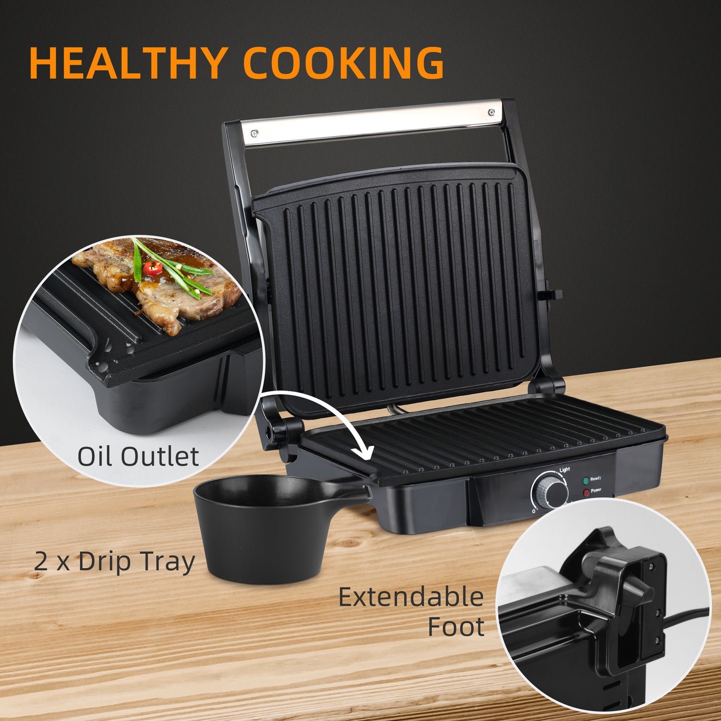 HOMCOM Health Grill & Panini Press, 4 Slice Toastie Machine, 2000W Electric Non-stick Grill with 180° Flat Open, Drip Tray and Adjustable Temperature