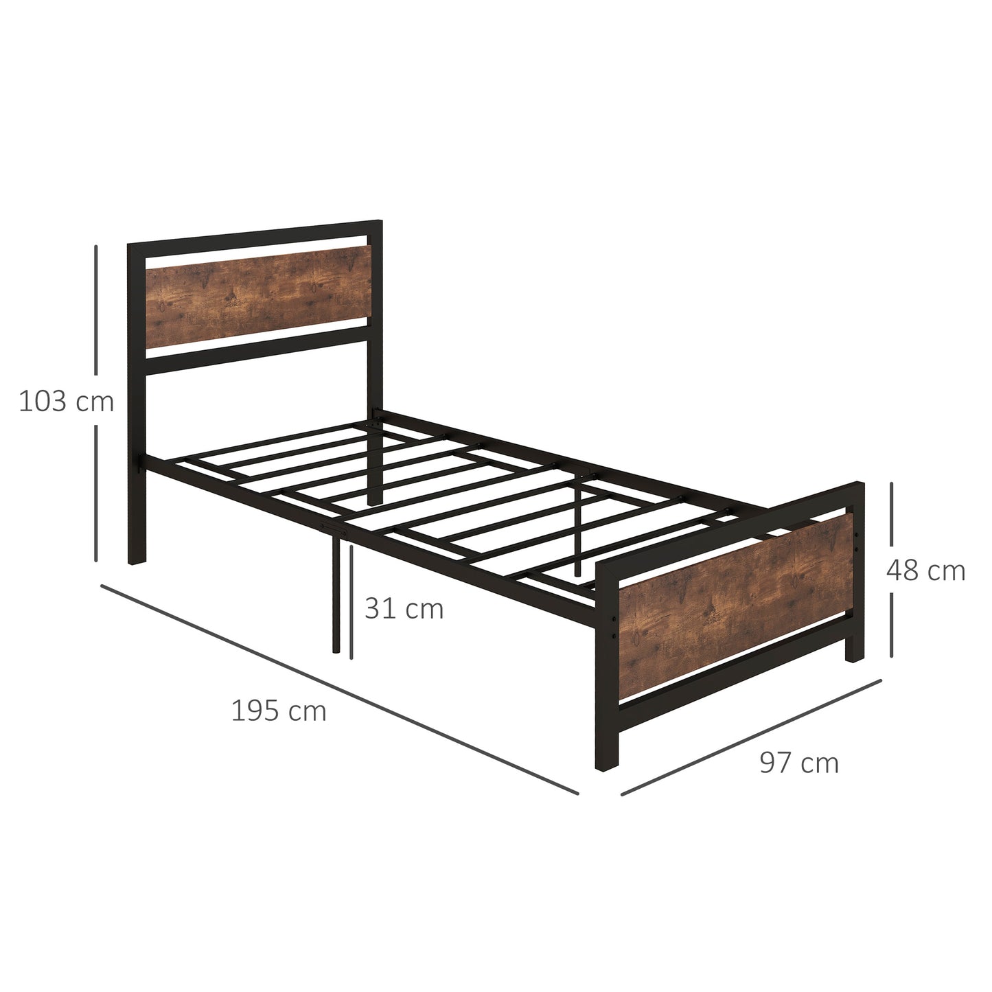 HOMCOM Single Metal Bed Frame with Headboard & Footboard, Strong Slat Support Solid Bedstead Base w/ Underbed Storage Space, No Box Spring Needed