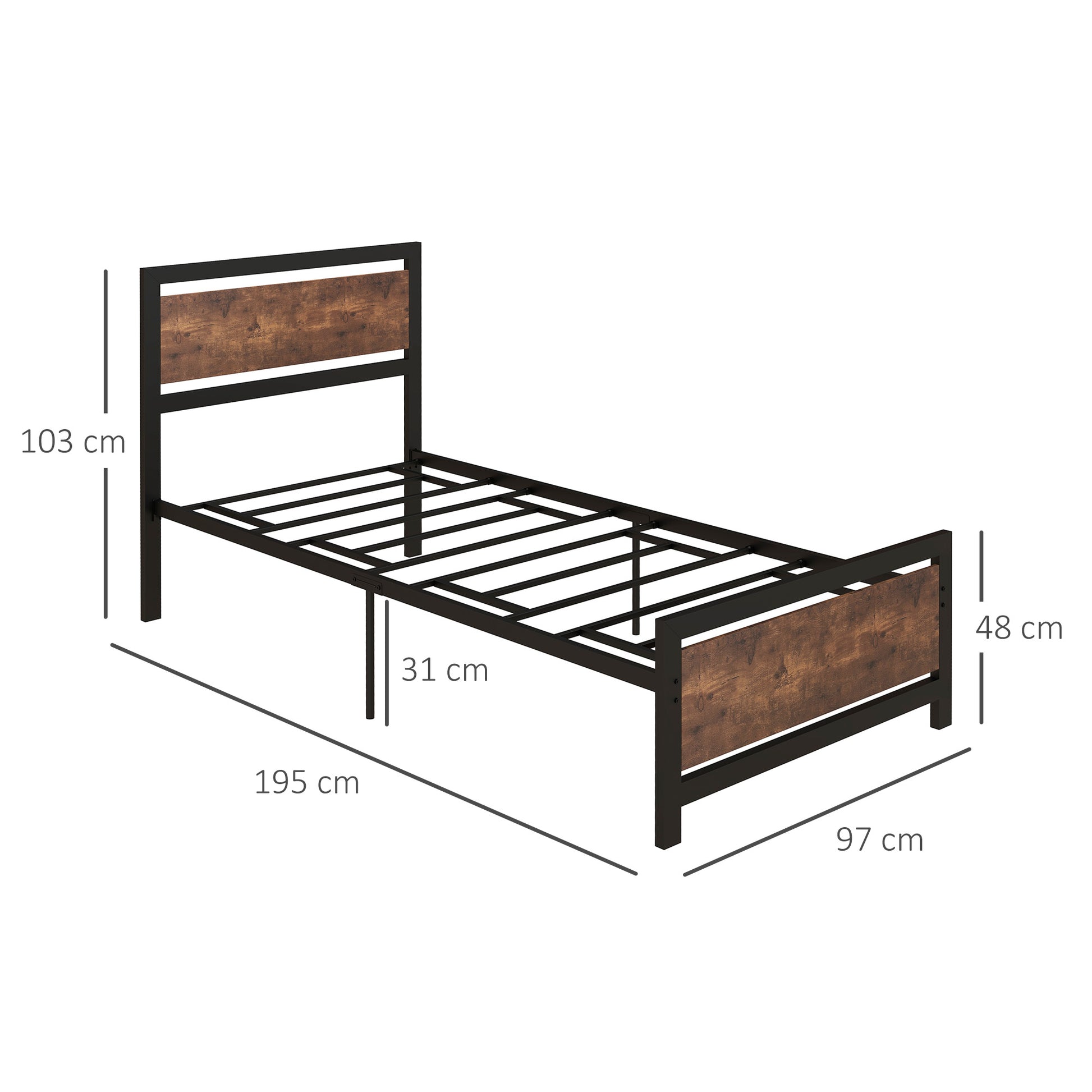HOMCOM Single Metal Bed Frame with Headboard & Footboard, Strong Slat Support Solid Bedstead Base w/ Underbed Storage Space, No Box Spring Needed