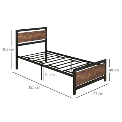 HOMCOM Single Metal Bed Frame with Headboard & Footboard, Strong Slat Support Solid Bedstead Base w/ Underbed Storage Space, No Box Spring Needed