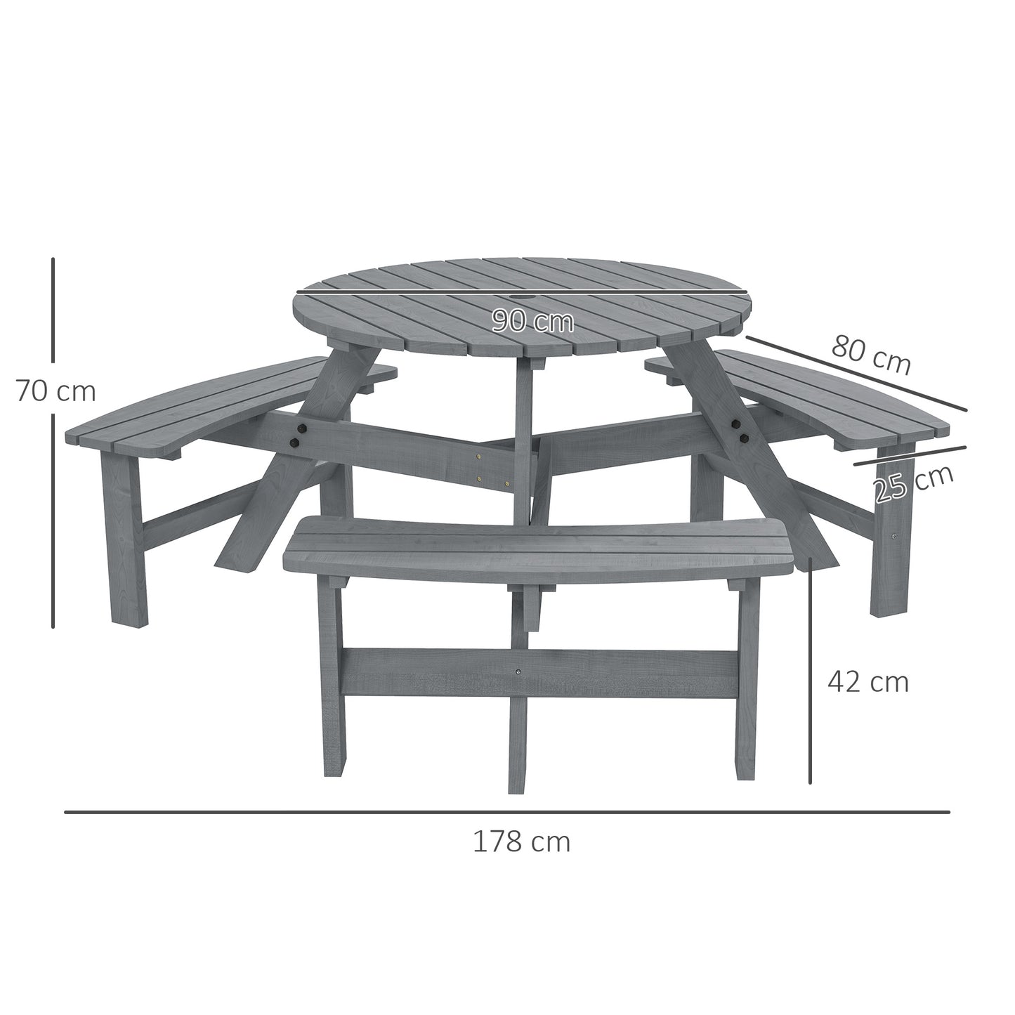 Outsunny 6 Seater Wooden Picnic Table and Garden Benches Set, Round Garden Dining Set with 3 Benches and Umbrella Hole Outdoor Garden Park, Grey