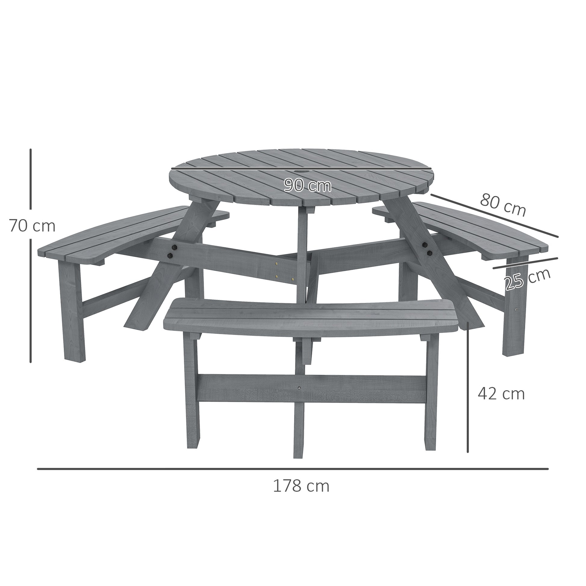 Outsunny 6 Seater Wooden Picnic Table and Garden Benches Set, Round Garden Dining Set with 3 Benches and Umbrella Hole Outdoor Garden Park, Grey