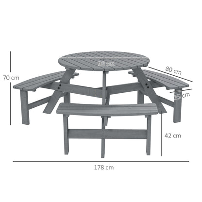 Outsunny 6 Seater Wooden Picnic Table and Garden Benches Set, Round Garden Dining Set with 3 Benches and Umbrella Hole Outdoor Garden Park, Grey