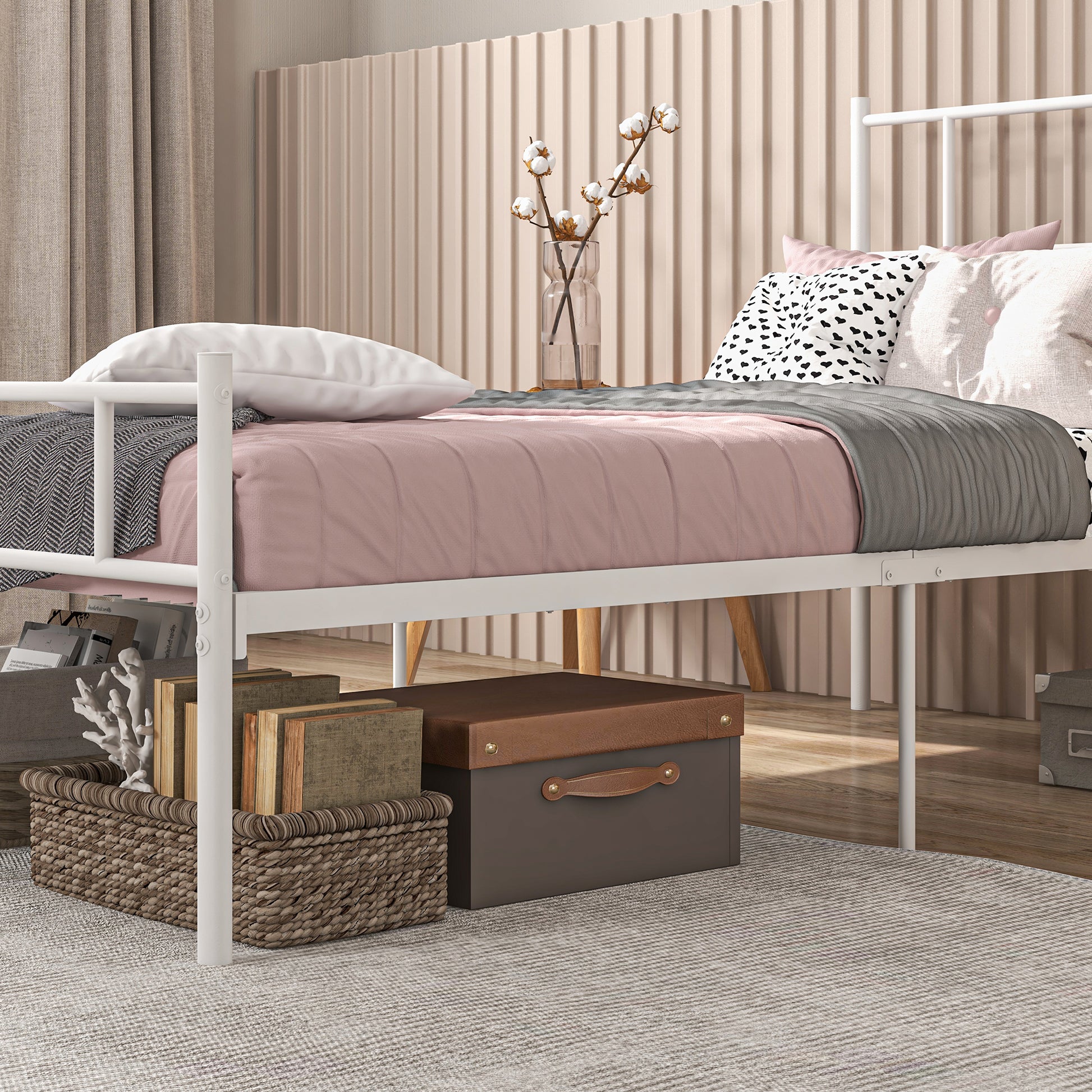 HOMCOM Single Bed Frame, Metal Bed Base with Headboard and Footboard, Metal Slat Support and 31cm Underbed Storage Space