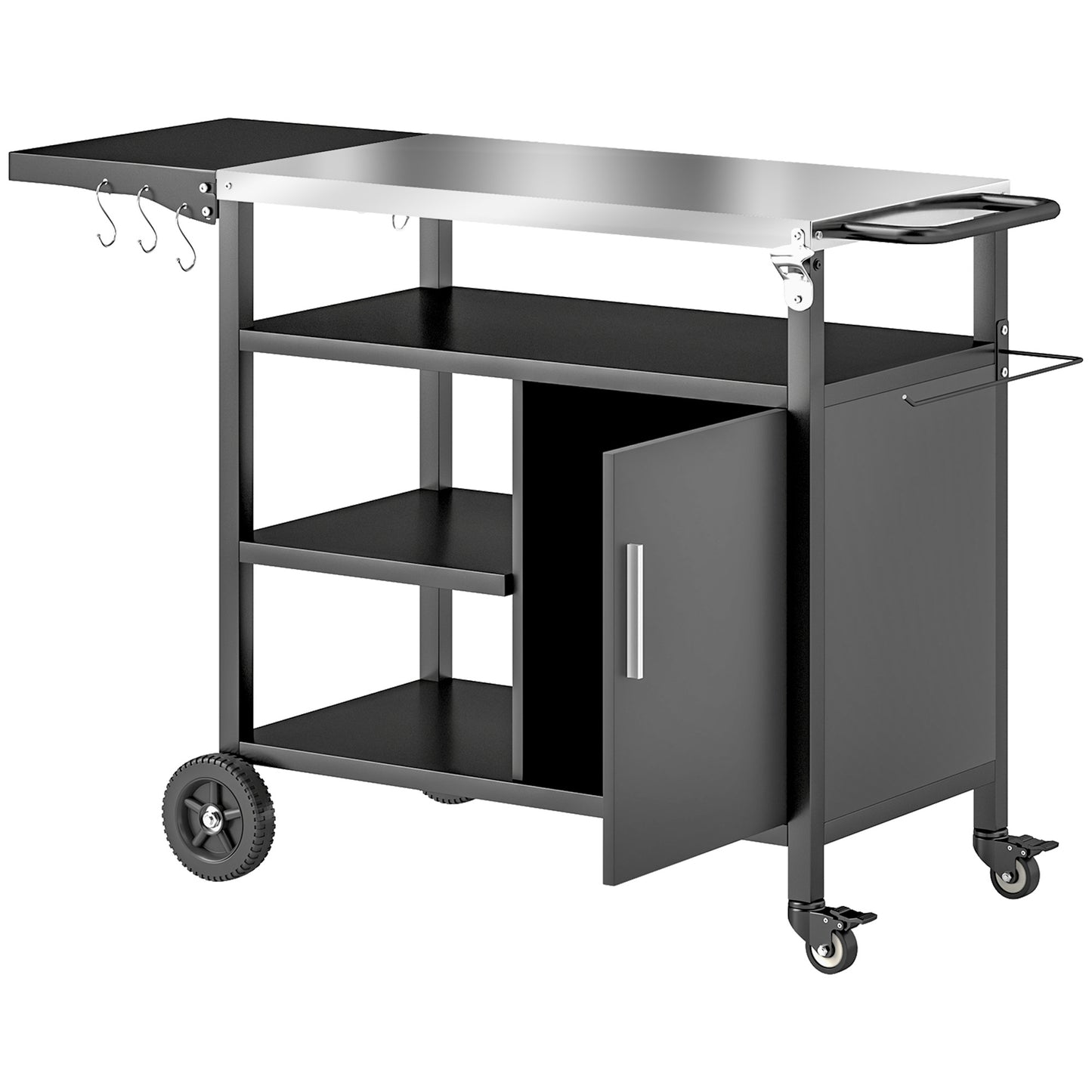 Outsunny Outdoor BBQ Trolley with Foldable Side Table, Stainless Steel Top, Outdoor Kitchen with Wheels Hooks Shelves Cabinet, Pizza Oven Table Movable Outdoor Grill Dining Cart with Cover, Black
