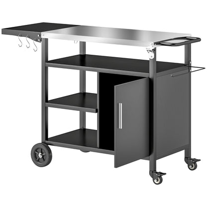 Outsunny Outdoor BBQ Trolley with Foldable Side Table, Stainless Steel Top, Outdoor Kitchen with Wheels Hooks Shelves Cabinet, Pizza Oven Table Movable Outdoor Grill Dining Cart with Cover, Black