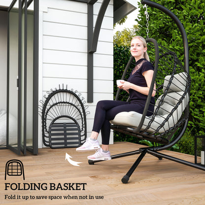 Outsunny Outdoor PE Rattan Swing Chair with Foldable Basket and Cushion, Garden Patio Hanging Egg Chair with Metal Stand, Headrest for Indoor and Outdoor, Black