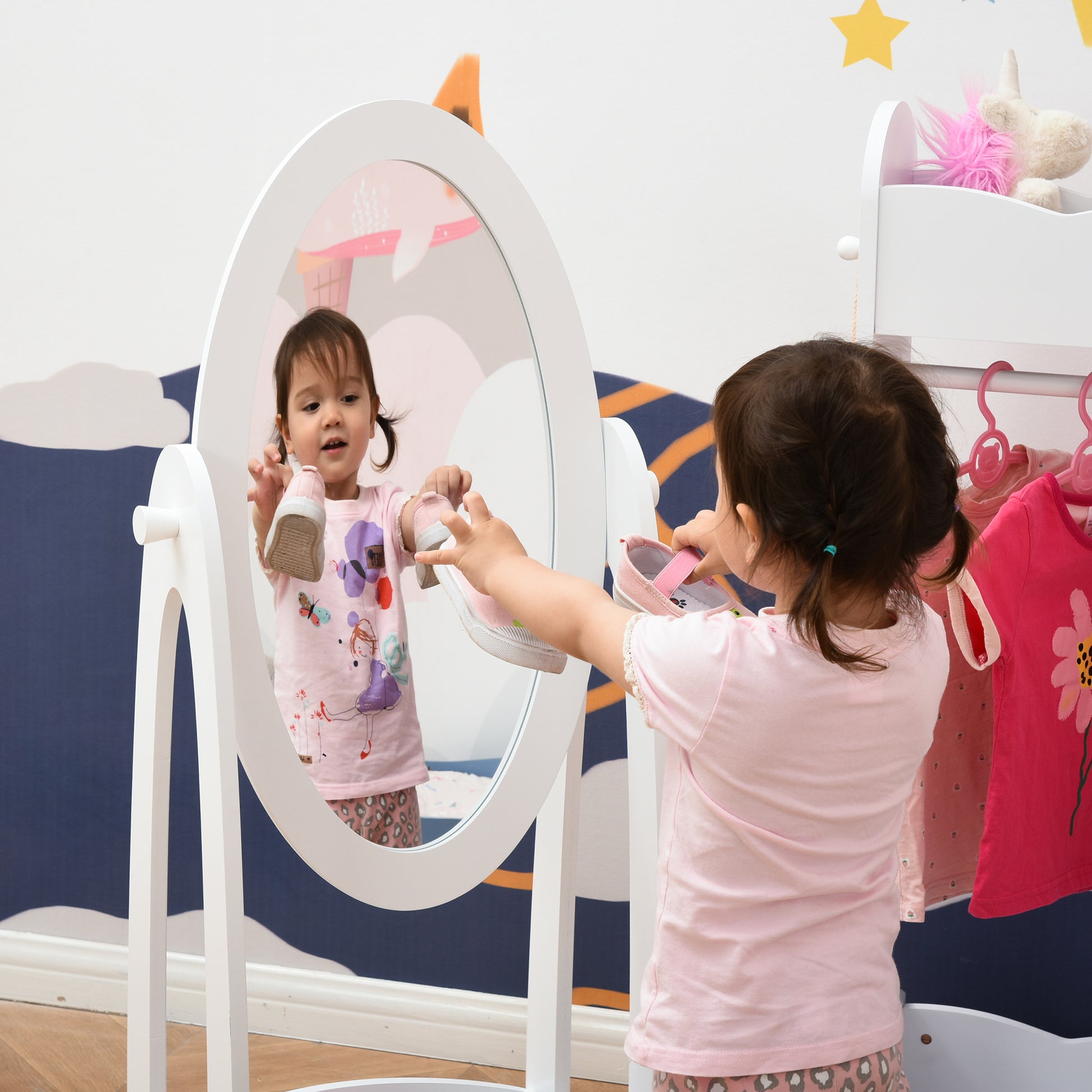 HOMCOM Free Standing Full Length Mirror, Child's Dressing Mirror with storage shelf 360° Rotation MDF, For 3- 8 Years Old, 40L x 30W x 104H cm