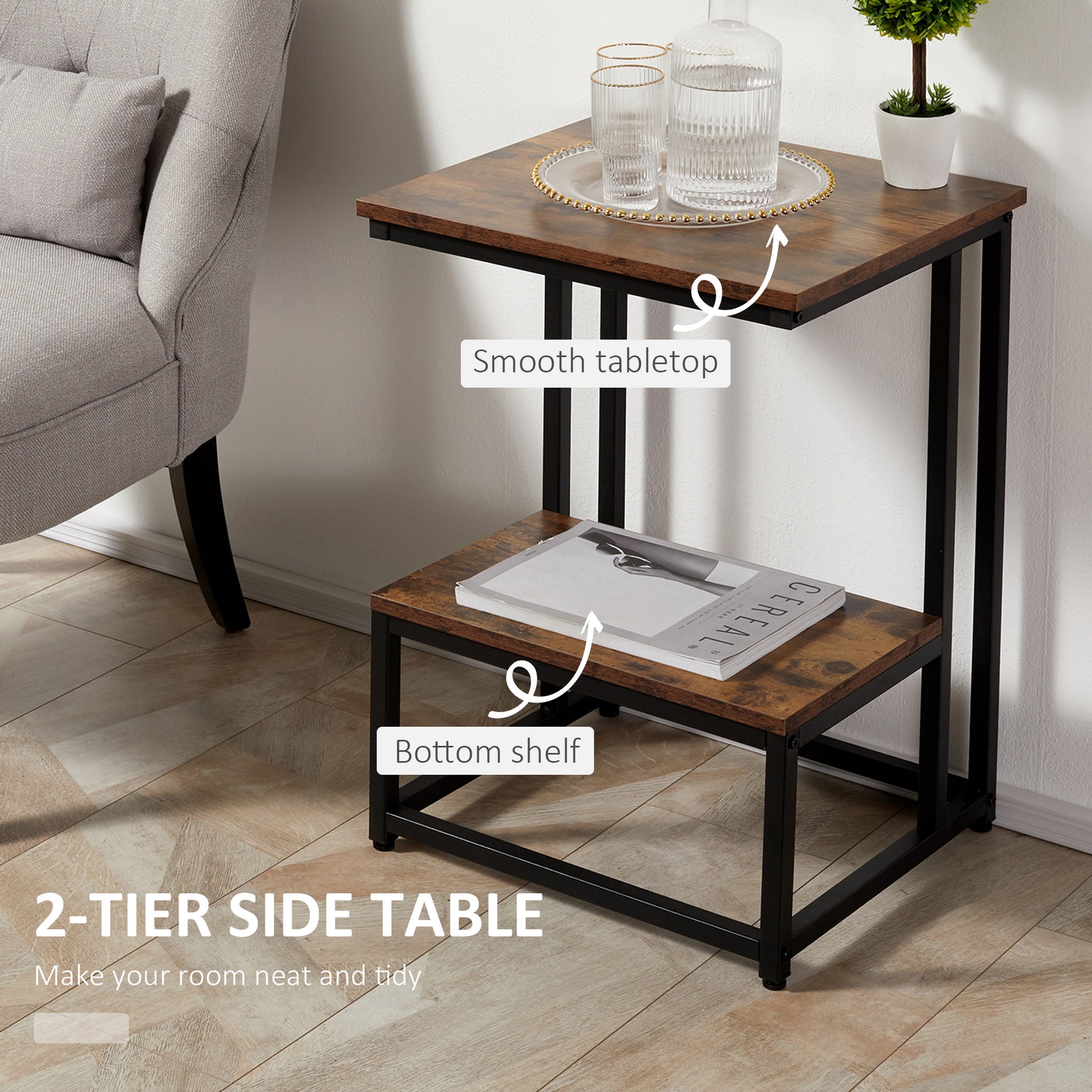 HOMCOM Side Table, Doule Layer End Table, Modern Coffee Table with Steel Frame and Adjustable Non-Slip Feet for Living room, Bedroom, Rustic Brown
