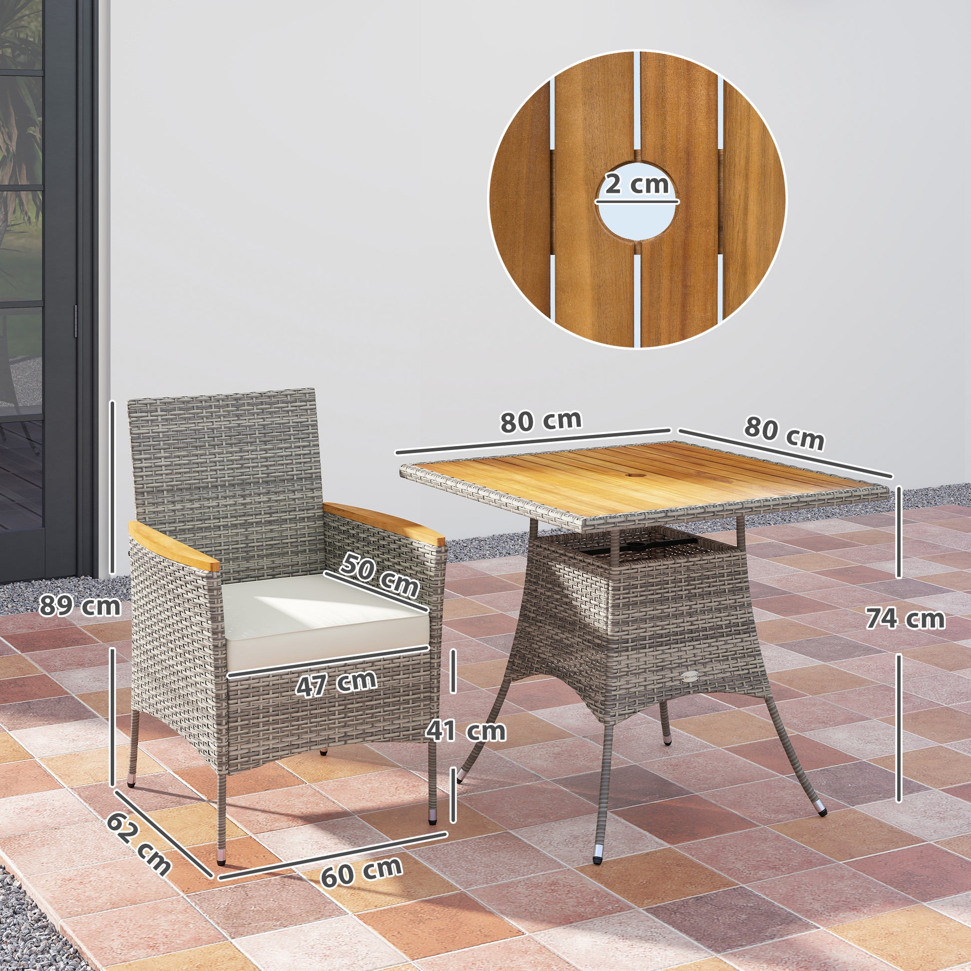Outsunny Five-Piece Rattan Set, with Wood-Top Table - Teak