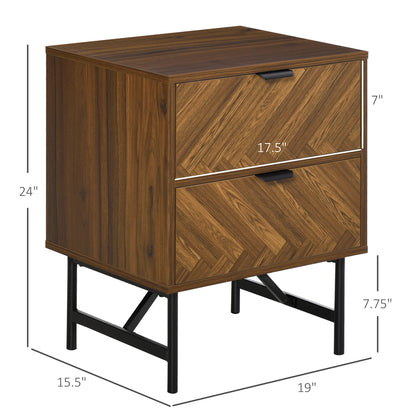 HOMCOM Side Cabinet Home Organizer with 2 Storage Drawer Unit, Hidden Handle for Bedroom, Living Room, Herringbone Pattern, Walnut Brown
