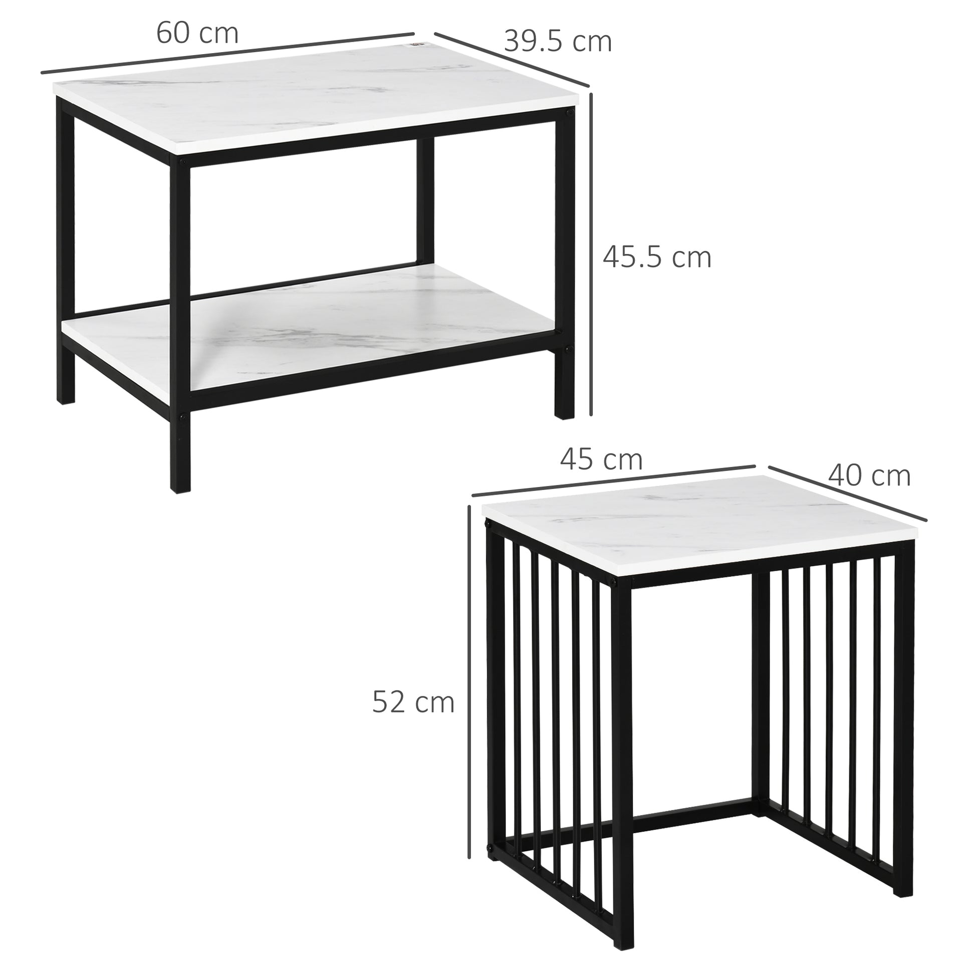 HOMCOM Modern Coffee Table Set of Two, Marble-Effect Nest of Tables with Steel Frame for Living Room, White and Black