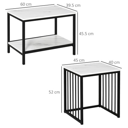 HOMCOM Modern Coffee Table Set of Two, Marble-Effect Nest of Tables with Steel Frame for Living Room, White and Black