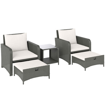 Outsunny Five Piece Rattan Garden Furniture Set with 2-Tier Coffee Table and Ottomans  - Cream White
