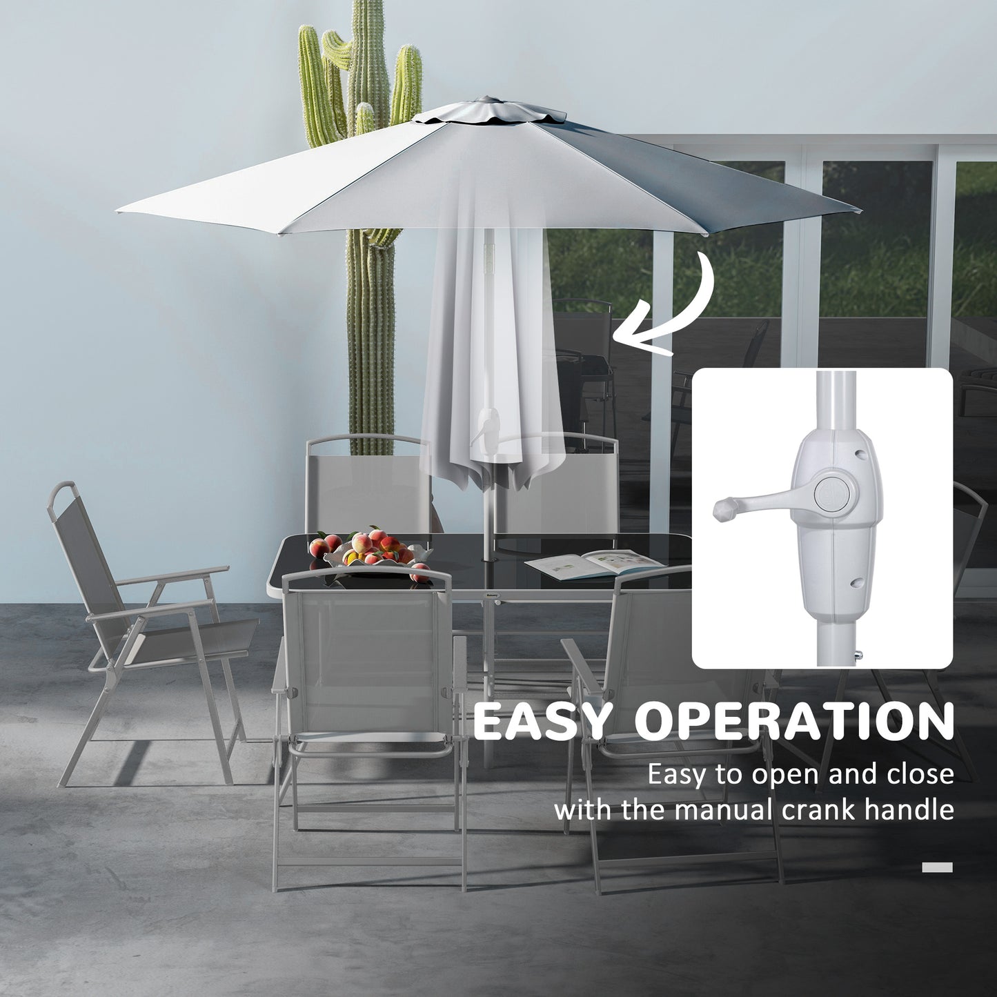 Outsunny Eight-Piece Garden Dining Set, with Chairs, Table and Parasol - Grey