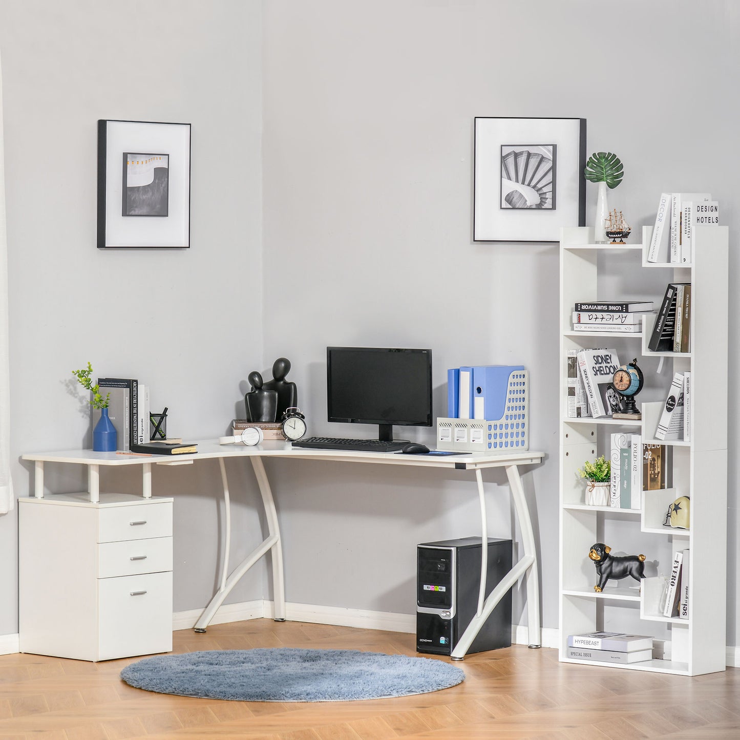 HOMCOM L-Shaped Computer Desk Table with Storage Drawer Home Office Corner Industrial Style Workstation, White