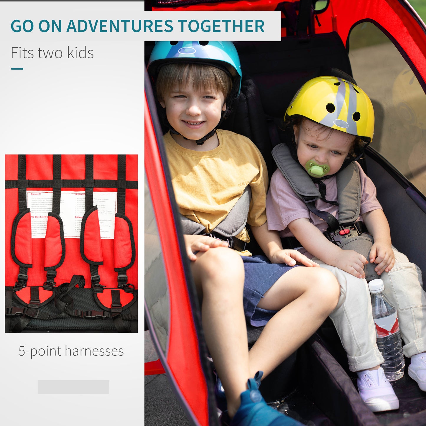 HOMCOM Child Bike Trailer Baby Bicycle Trailer 360° Rotatable for 2 Kids with Steel Frame LED Red