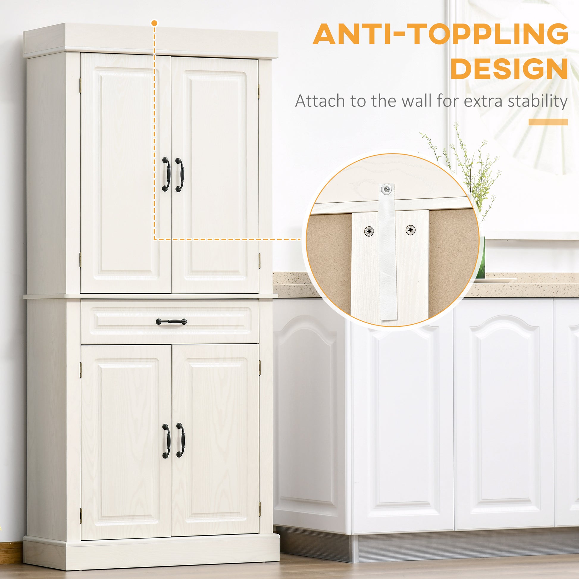 HOMCOM Kitchen Cupboard with 4 Doors, Freestanding Storage Cabinet with Wide Drawer and Shelves for Living Room, 180cm, White Wood Grain