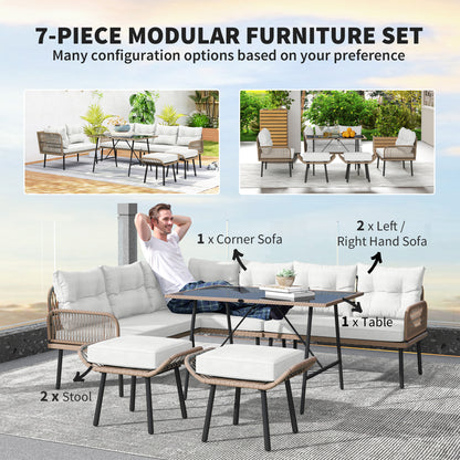 Outsunny 6 Piece Rattan Garden Furniture Set, 8 Seater Garden Corner Sofa with Cushions and Glass Top Table, Sectional Outdoor Furniture Conservatory Set for Patio, Cream White