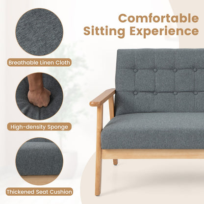 2-seat Cushioned Couch with Rubber Wood Frame and Classic Tufted Design-Grey
