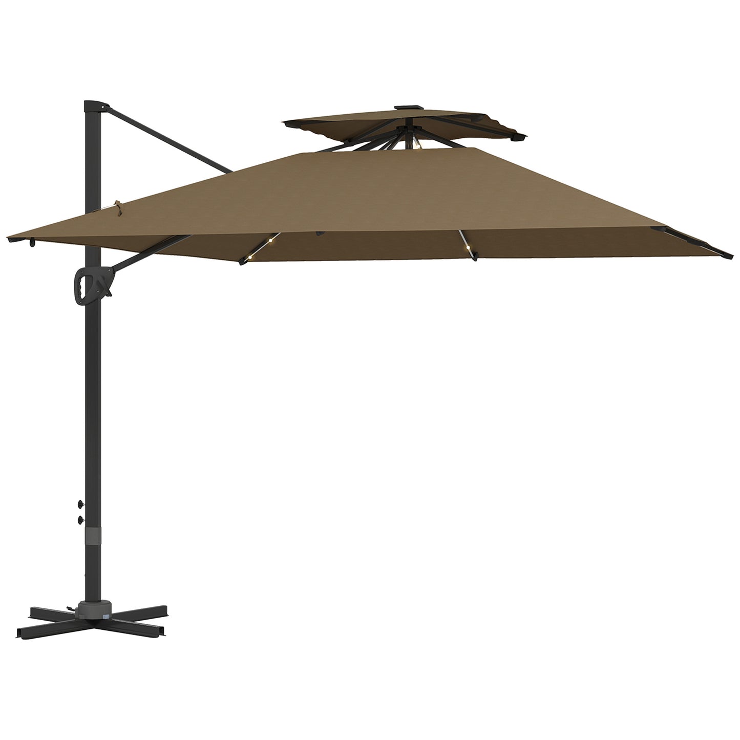 Outsunny 3.5x3 m Garden Cantilever Parasol with Solar LED Lights and Centre Light, UPF50+ Aluminium Patio Umbrella with 360° Rotation and Tilt, Hanging Sun Shade with Cross Base, Crank Handle, Khaki