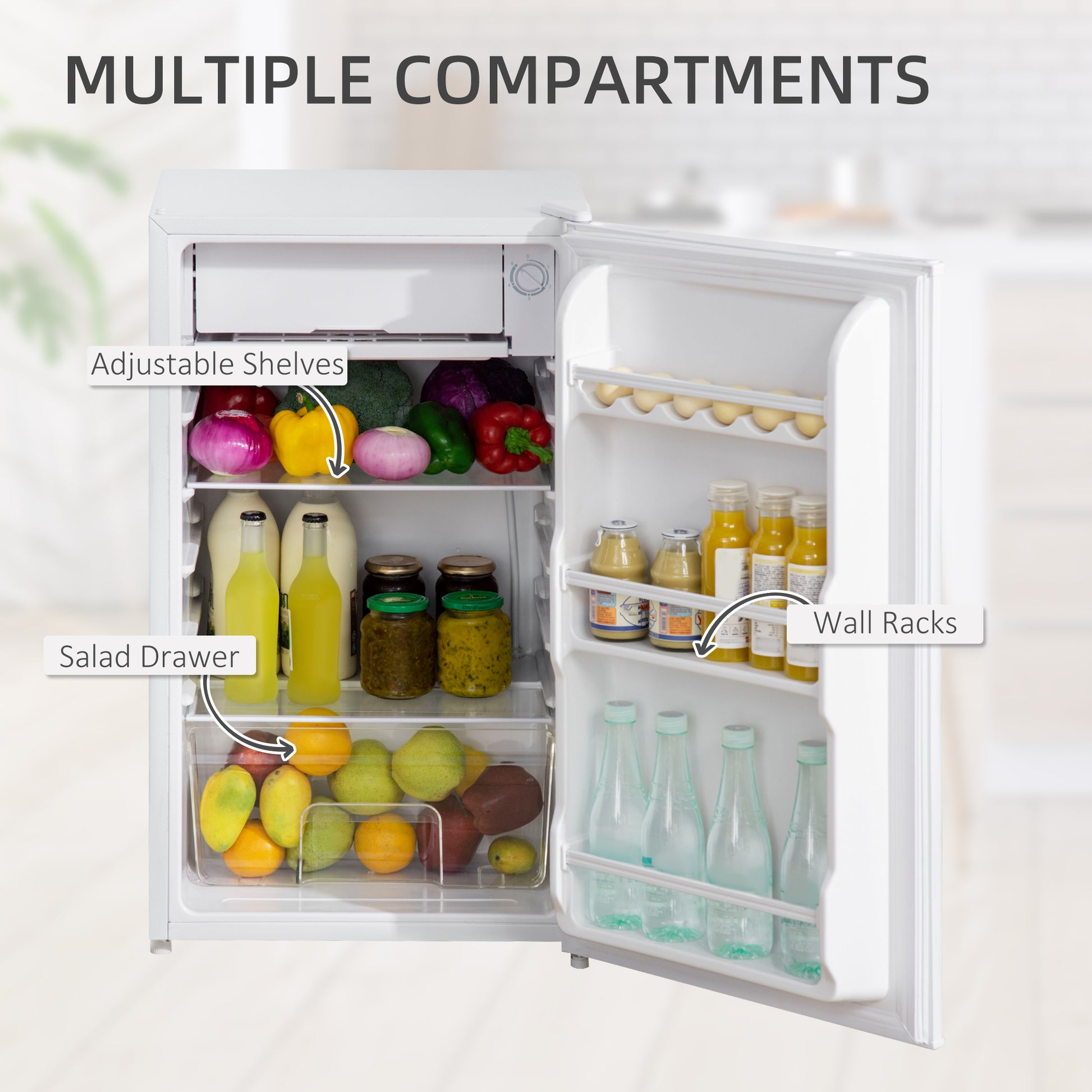 HOMCOM 91 Litre Freestanding Under Counter Fridge with Chiller Box, Reversible Door, Adjustable Thermostat 47.5cm Wide Noise Level: Decibels 40 White