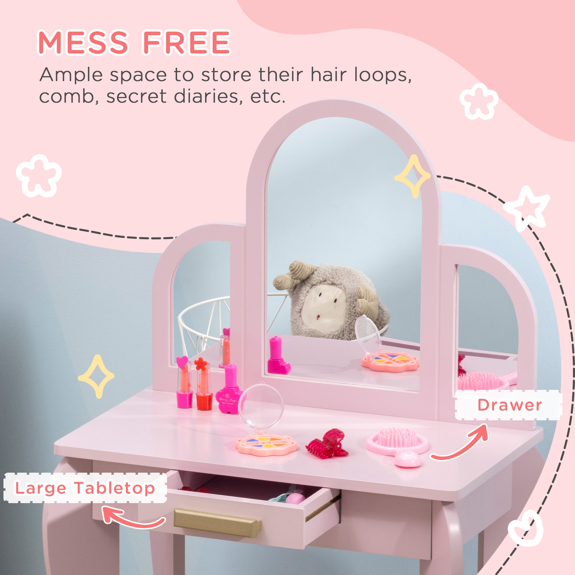 HOMCOM Kids Dressing Table with Mirror and Stool, Kids Vanity Set, Girl Makeup Desk with Drawer for 3-6 Years Old Children, Pink