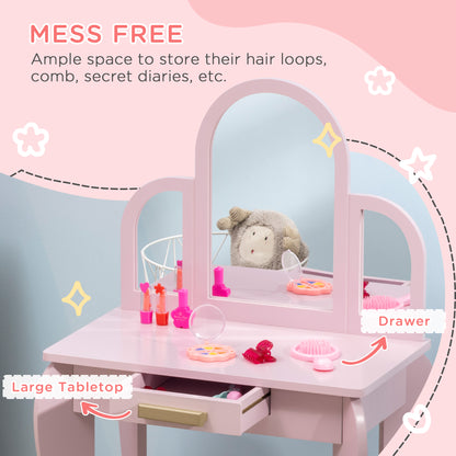 HOMCOM Kids Dressing Table with Mirror and Stool, Kids Vanity Set, Girl Makeup Desk with Drawer for 3-6 Years Old Children, Pink