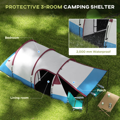 Outsunny Camping Tent, Large Tunnel Tent with Bedroom and Living Area, 2000mm Waterproof, Portable with Bag for 2-3 Man, Red