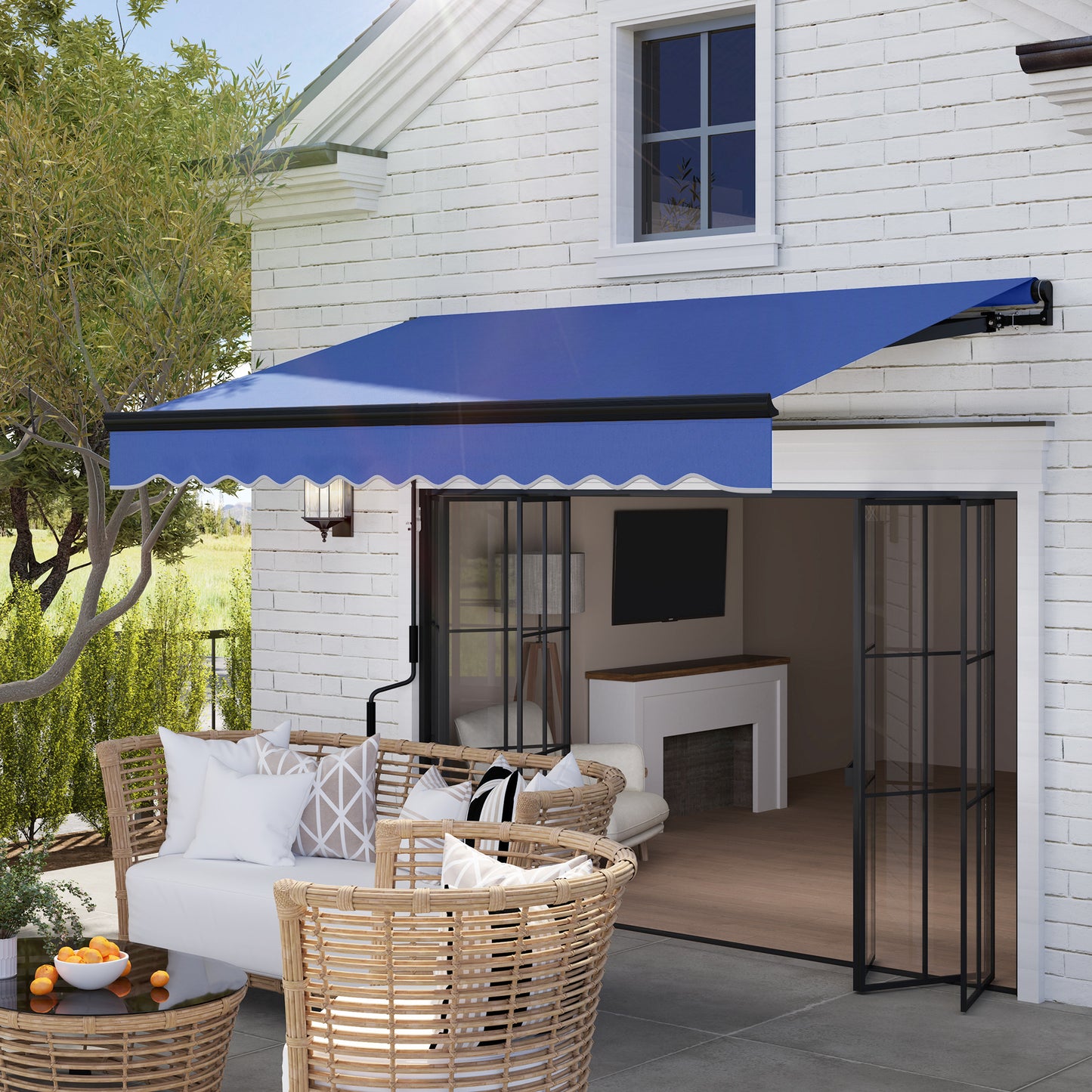 Outsunny 3 x 2.5m Electric Awning with LED Light and Remote Controller, Aluminium Frame DIY Retractable Awning, UV50+ Sun Shade Canopy for Garden Patio Deck Door Window, Blue